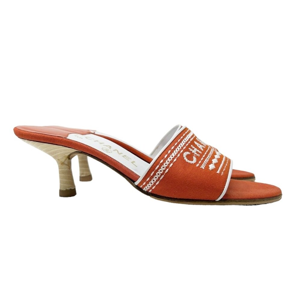 CHANEL Vintage Jacquard Logo Sandals #38.5 US7 Orange Embroidery Linen [103399] - Picture 5 of 10